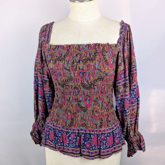 Haute Hippie Style Top Blouse Smocked Bodice Long Sleeve Floral Multicolor S NWT - Picture 9 of 11